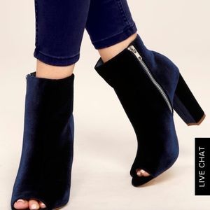 Midnight dark blue velvet peep toe booties